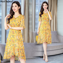 Summer Floral Chiffon Boho Midi Sundress 2022 Vintage 3XL Plus Size Yellow Print Beach Dress Women Bodycon Elegant Party Vestido 2024 - buy cheap