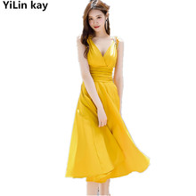 YiLin kay High Quality Fashion Designer Runway Dress 2019 Summer Women V neck sexy  pleated sleeveless dress 2024 - buy cheap