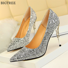 2022 New Fashion Metal Carved Heel Women Pumps 8 Colors Sequined Cloth Shallow High Heels Shoes Sexy Women's Wedding Shoes Party 2024 - buy cheap