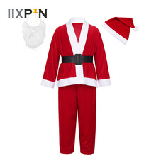 Детская Рождественская Одежда для мальчиков костюм Санта-Клауса для костюмированной вечеринки топы с длинными рукавами с шапкой, штаны с бородой комплект с поясом, рождественское детское платье 2024 - купить недорого