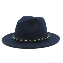 Wool Women Men Fedora Hat For Elegant Lady Winter Autumn Wide Brim Jazz Church Godfather Cap With Punk Rivet Ribbon Size 56-58CM 2024 - buy cheap
