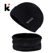 Knitted Wool Hat For Men Solid Color Knit Hats And Scarf Sets Man Winter Warm Skullies Beanies Scarves Add Velvet Bonnet Caps 2024 - compre barato