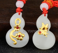Beautiful Natural White Hetian Jade + 18K Solid Gold Chinese Cute Flower Cucurbit Lucky Pendant + Free Necklace Fine Jewelry 2024 - buy cheap
