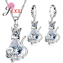 Moda 925 prata esterlina doce forma de gato feminino colar brincos conjunto de jóias com cristal agradável festa presente casamento 2024 - compre barato