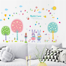 Милый кролик, птицы, любовь, дерево, наклейки на стену для детской комнаты, домашний декор, мультфильм, искусство росписи своими руками, плакат из ПВХ 2024 - купить недорого