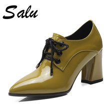 Salu 2020 Genuine Leather Pointed Toe Slip On Women Shoes Woman Square High Heels Office Lady black Pumps lace up 2024 - buy cheap