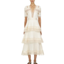 ZAWFL высококачественное дизайнерское платье для автопортрета 2021 модное белое кружевное женское длинное платье с V-образным вырезом и короткими рукавами с оборками 2024 - купить недорого