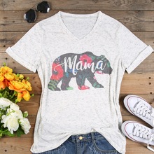 Женская футболка большого размера с v-образным вырезом и коротким рукавом, летняя футболка с цветочным принтом «Мама и Медведь», повседневная женская футболка, женские топы, модная футболка 3XL 2024 - купить недорого
