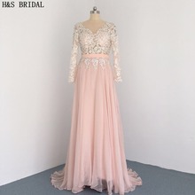 H&S BRIDAL Long Sleeve Evening Dress Pink appliques evening dresses long elegant prom dresses robe de soiree 2024 - buy cheap