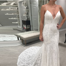 Cintas de espaguete branco marfim vestido de noiva do trem da capela do laço com decote em v vestidos de noiva sereia estilo aberto voltar vestidos de casamento 2024 - compre barato