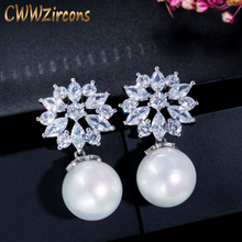 CWWZircons-pendientes de zirconia cúbica blanca para mujer, aretes colgantes de flores, perlas, joyería para fiesta, cena, compromiso, CZ443 2024 - compra barato