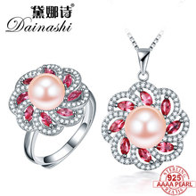Dainashi 2018 Red Flower Pearl Jewelry Set Silver 925 Necklace Rings Fine Jewelry Sets Real Freshwater Pearl Pendants for Women 2024 - buy cheap