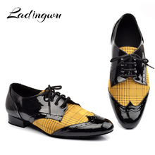 Ladingwu Men  Low-heeled Dance Shoes Latin Dance Shoes Men Salsa Tango Ballroom Dance Shoes PU and Flannel Yellow Blue Lattice 2024 - buy cheap