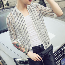 Summer Sun Protection Clothing Bomber Jacket 2021 Fashion Striped Thin Jackets Men Plus Size Half Sleeve Casual Hollow Men Coats 2024 - buy cheap