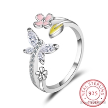 Женские открытые кольца LEKANI, из стерлингового серебра 925 пробы с розовыми цветами и бабочками, хорошее ювелирное украшение для свадьбы 2024 - купить недорого