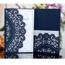Tarjeta de invitación de boda cortada con láser, elegante tarjeta de felicitación personalizada, tarjetas RSVP de negocios, decoración de fiesta de boda, azul y blanco, 100 Uds. 2024 - compra barato