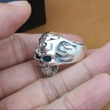 100% 925 Silver Fire Skull Ring Real Sterling Silver Skeleton Ring PUNK Jewelry Man Ring COOL 2024 - buy cheap
