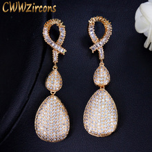 CWWZircons Quality Wedding Evening Dubai Gold Jewelry Micro Pave Cubic Zirconia Stones Long Drop Golden Earrings For Women CZ120 2024 - buy cheap