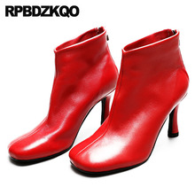 Pelaje Rojo 2018 Invierno Botines Vendimia Diseñador De Zapatos Mujer Lujo Otoño Estilete Blanco Dedo Del Pie Cuadrado Piel Genuina Tacón Alto Botas Chino Corto Nuevo Señoras Moda Femenino 2024 - compra barato