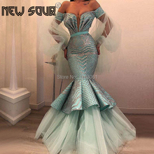 Saudi Arabic Mint Mermaid Evening Dresses Shiny Long Sleeve Muslim Dubai Formal Party Gown 2019 Robe De Soiree Prom Dress Kaftan 2024 - buy cheap