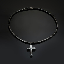 Natural Stone Obsidian Cross Pendant Necklace Lucky Amulet Bead Chain Necklace for Woman Men 2024 - buy cheap