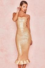 KLEEZY 2020 New Summer Women Vestidos Celebrity Party Dress Sexy Gold Gilding Strapless Bandage Dress Club Dresses 8153 2024 - buy cheap