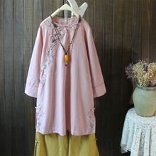 Новинка, осеннее платье-рубашка в китайском стиле Mori Girl, винтажное платье-рубашка из хлопка и льна с вышивкой и пряжкой, женские платья 18 2024 - купить недорого
