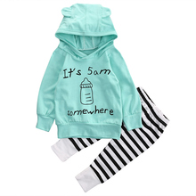 JOYHOPY Fashion Newborn Baby Boy Girl Long Sleeve Hoodie Milk bottle Top + Striped Pants Outfits Clothes Set 2024 - buy cheap