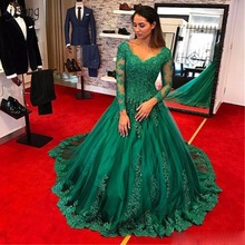Emerald Green Long Prom Dresses Evening Wear 2019 Long Sleeve Lace Applique Beads Plus Size Formal Prom Gowns Robe de soiree 2024 - buy cheap