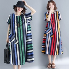 Womens Dresses New Arrival 2019 Robe Vintage Femme Striped Dress Pocket Loose Oversize Midi Boho Literary Ethnic Dress TA1563 2024 - buy cheap