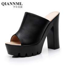 Large Size 33-43 Open Toe Block Heels Platform Shoes Woman Summer 2022 Split Leather Slides High Heels Slippers Ladies White 2024 - buy cheap