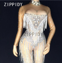 Glisten Silver Rhinestones Jumpsuit Sexy Tassels Big Stones Stretch Bodysuit Nightclub Singer Dance Party Outfit Women's Clothes 2024 - buy cheap