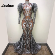 Feather Illusion Long Sleeves Mermaid Evening Dresses 2019 Arabic High Neck Celebrity Party Gowns Prom Dresses Vestido De Festa 2024 - buy cheap