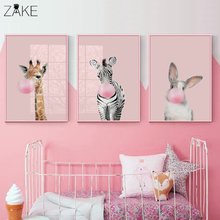 Arte de pared para guardería de bebé y niña, pintura en lienzo de animales rosas, carteles de dibujos animados e impresiones, decoración nórdica para niños, imágenes, decoración para dormitorio 2024 - compra barato