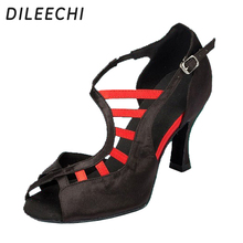 DILEECHI-zapatos de baile latino para mujer, calzado de satén negro, bronce y morado, zapatos de salón, Salsa, fiesta, baile cuadrado 2024 - compra barato