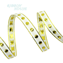 (25 yards/lot) 3/8'' (10mm) White grosgrain satin ribbons golden edge dots ribbon high quality gift packaging 2024 - buy cheap
