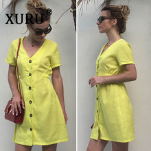 XURU summer new women's dress solid color V-neck slim single-row button dress 2024 - buy cheap