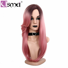 USMEI 22 inches long straight pink wig Female synthetic Wigs High temperature Fiber Ombre cosplay wig for women Root Black hair 2024 - buy cheap