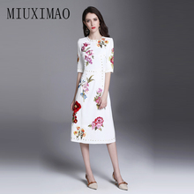 2018 Spring Newest Casual Style A-Line O-Neck Half Flower Print Embroidery Sequined Elegant Fashion Mid-Calf Dress Women 2024 - buy cheap