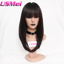 USMEI Silky Straight long black Ombre brown blonde Synthetic Wigs for women two tone natural hair Neat Bang Wigs 4 colors choice 2024 - buy cheap