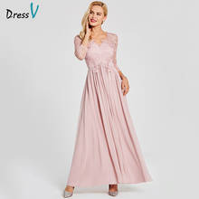 Dressv pink evening dress cheap long sleeves v neck zipper up wedding party formal a line appliques evening dresses 2024 - buy cheap