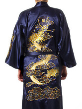 Размера плюс XXXL китайский Для мужчин вышивка домашний халат с изображением дракона традиционная Мужская одежда для сна, одежда для сна, Темно-синие кимоно Банный халат с поясом 2024 - купить недорого