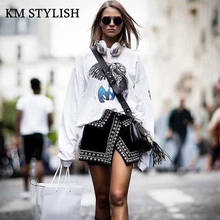 2019 High Street Europe US Cool Punk Style Skirts High Waist Rivets Asymmetric Split Black Skirt S,M,L 2024 - buy cheap