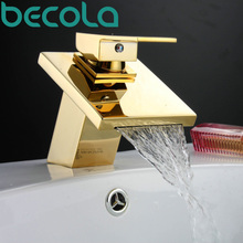 Роскошный смеситель для раковины BECOLA, Золотой смеситель для ванной комнаты, смеситель с одной ручкой и одним отверстием, крепление на бортике, водопад, LT-509, бесплатная доставка 2024 - купить недорого