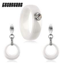 Conjunto de joyería de cerámica 2018 para mujer, juego de pendientes de gota redondos huecos y anillos de 6mm de ancho con cristal brillante, Color blanco elegante, regalos 2024 - compra barato