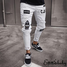 Новые мужские эластичные рваные обтягивающие байкерские джинсы с потертостями, облегающие джинсовые штаны, мужские однотонные повседневные штаны 2024 - купить недорого