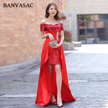 BANVASAC Sequined Boat Neck 2018 Crystal High Low Long Evening Dresses Party Pleat Sweep Train Backless Prom Gowns 2024 - buy cheap