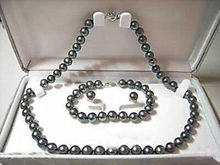 Бесплатная доставка> Натуральный 7-8 мм черный жемчуг ожерелье & браслет & серьги набор 2024 - купить недорого