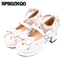 Metal Sweet White Ankle Strap Removable Heels Shoes Lace Bow Pumps Round Toe Platform Women Lolita Mary Jane Pearl Thick Medium 2024 - buy cheap