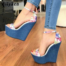 Eilyken-sandálias femininas estampadas azul, salto alto, plataforma, fivela sexy, tamanho 35 a 40, novo, 2021 2024 - compre barato